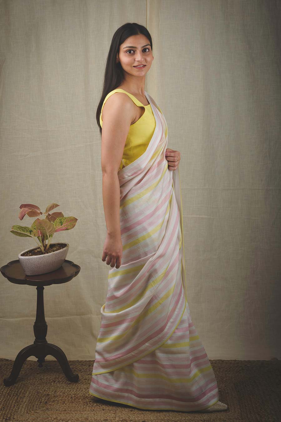 Yellow Chanderi Silk Striped Saree