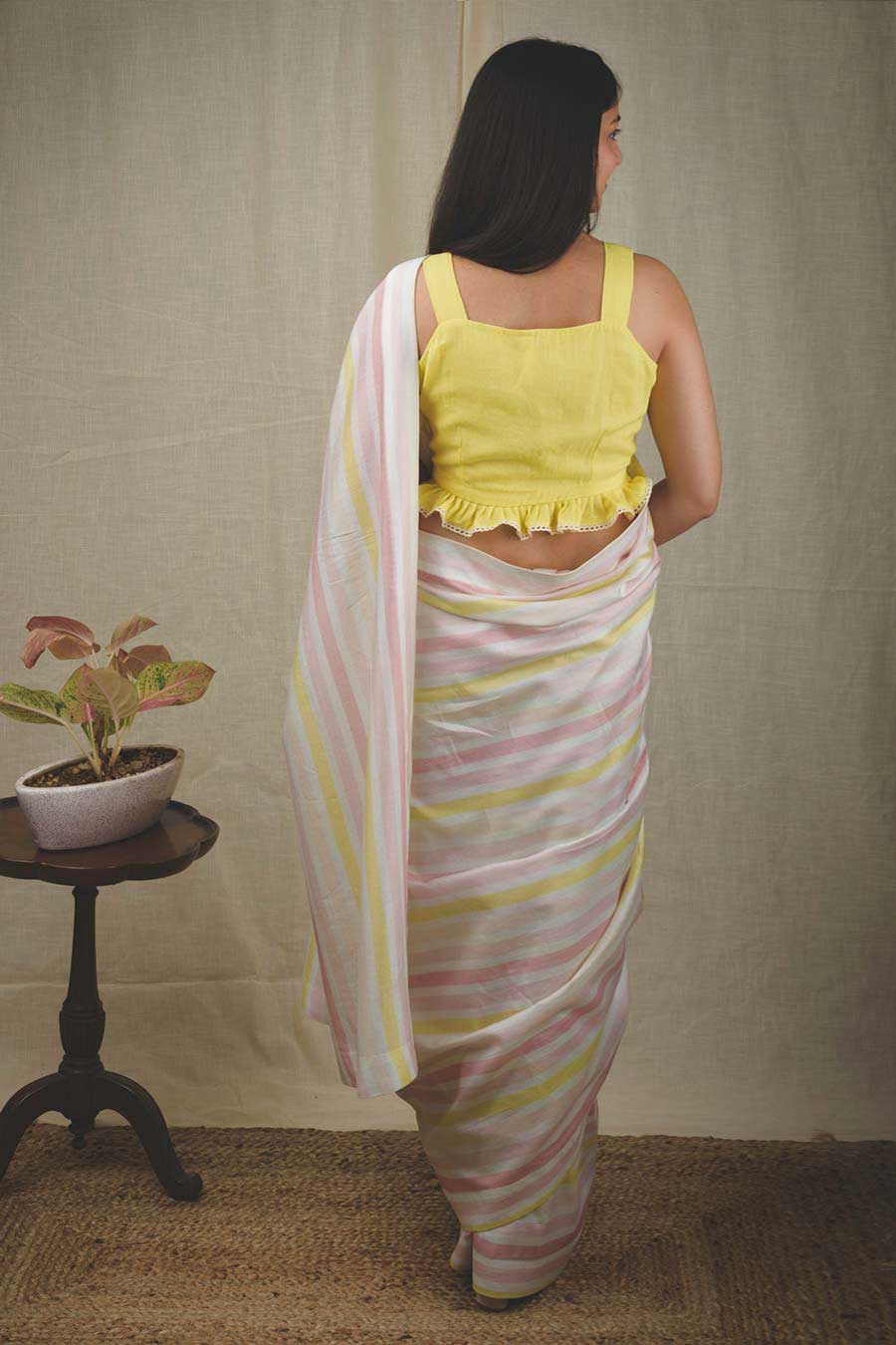 Yellow Chanderi Silk Striped Saree