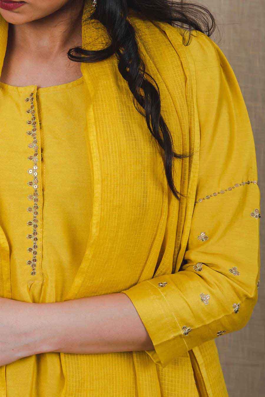 Yellow Chanderi Hand Embroidered Kurta