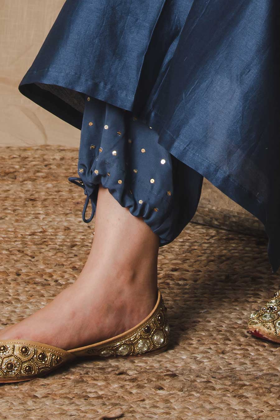 Blue Embroidered Pull String Pants