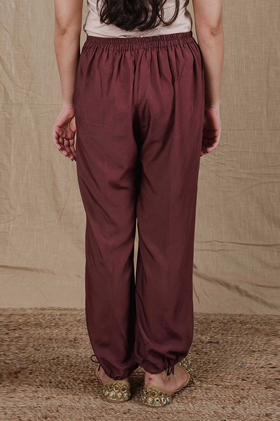 Brown Embroidered Pull String Pants