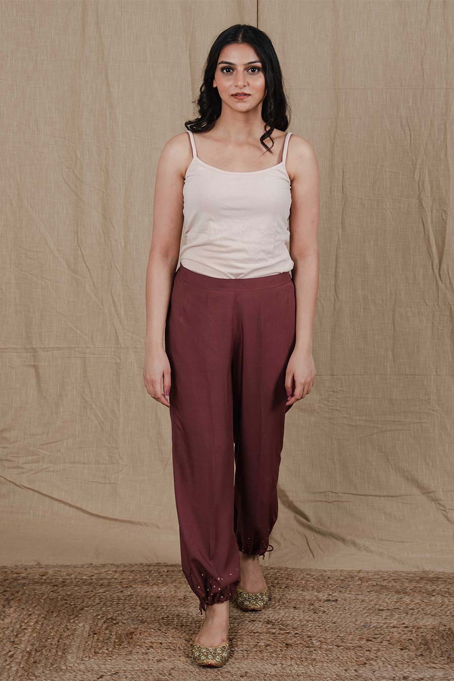 Brown Embroidered Pull String Pants