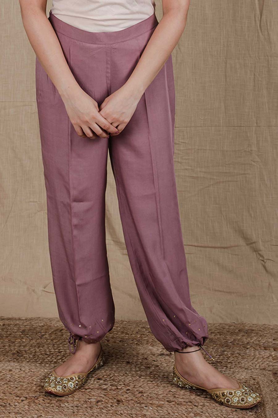 Mauve Embroidered Pull String Pants