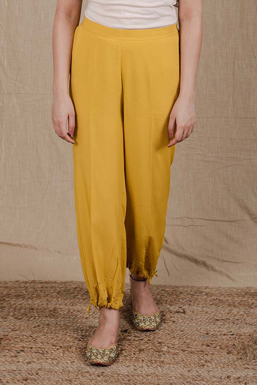 Yellow Embroidered Pull String Pants