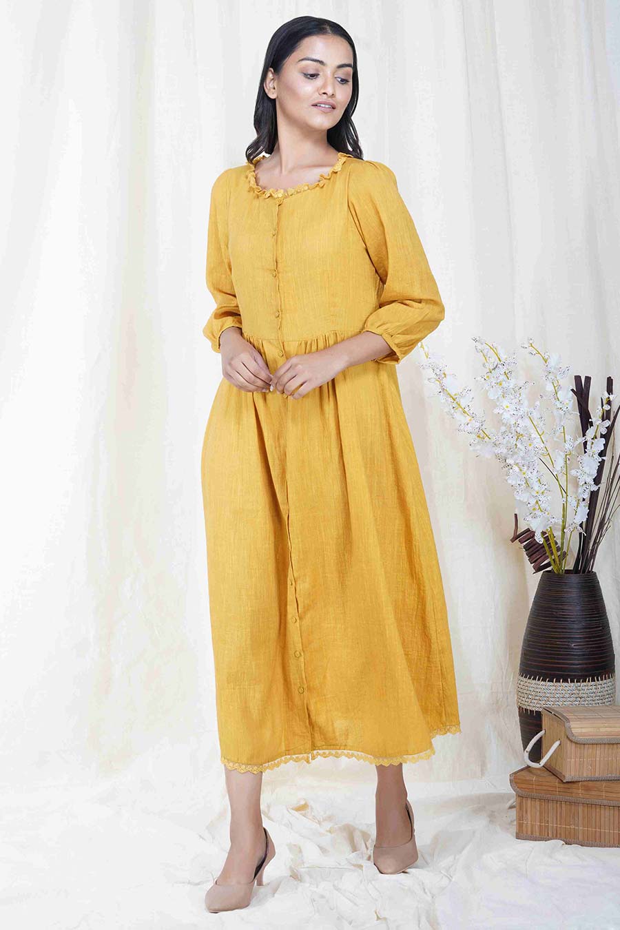 Yellow Cotton Midi Dress