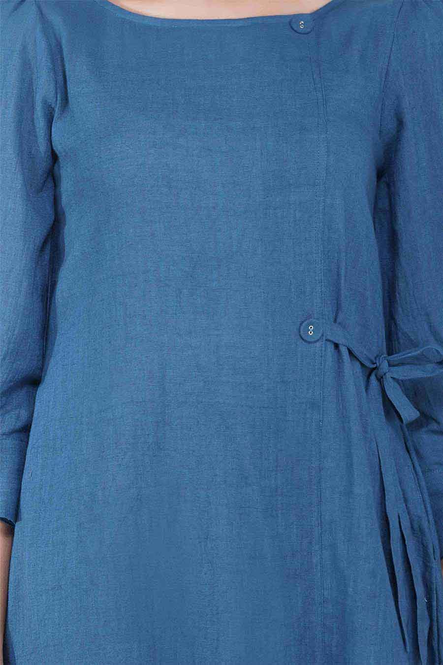 Blue Cotton Tie-Up Midi Dress