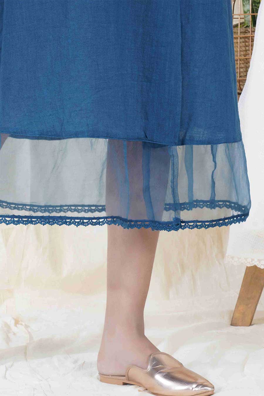 Blue Cotton Tie-Up Midi Dress