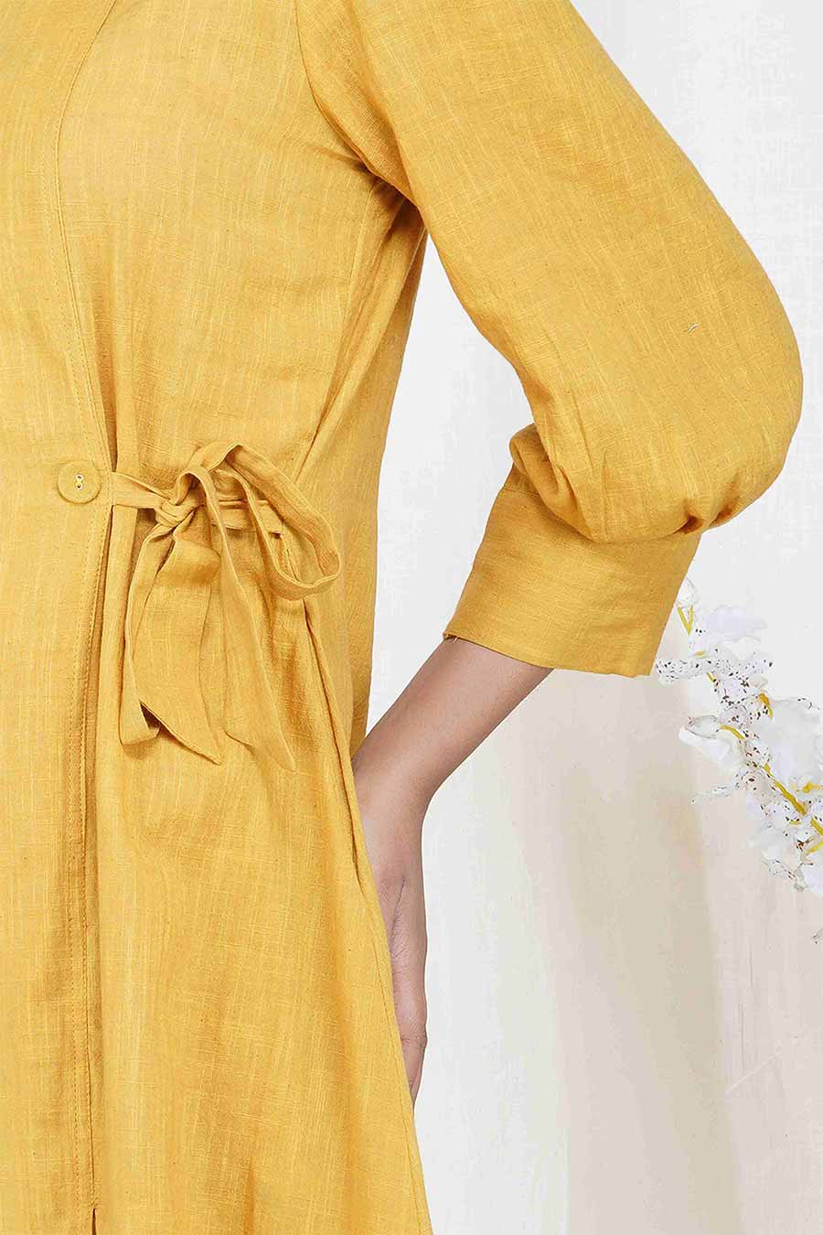 Yellow Cotton Tie-Up Midi Dress