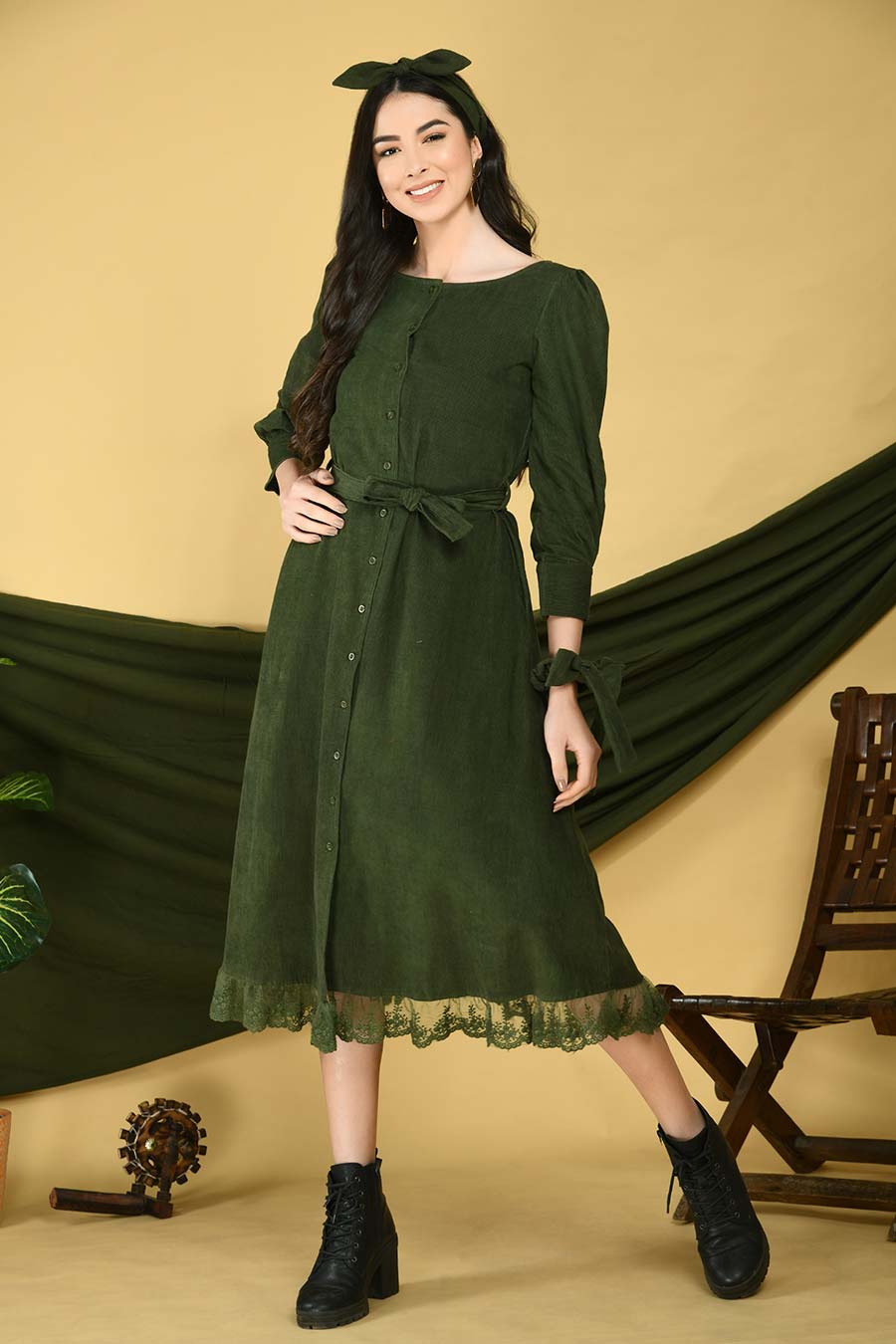 Olive Corduroy Midi Dress