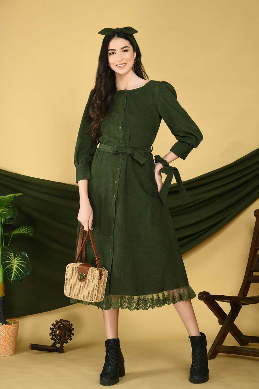 Olive Corduroy Midi Dress