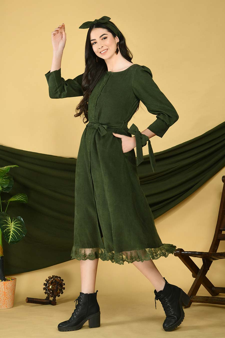 Olive Corduroy Midi Dress