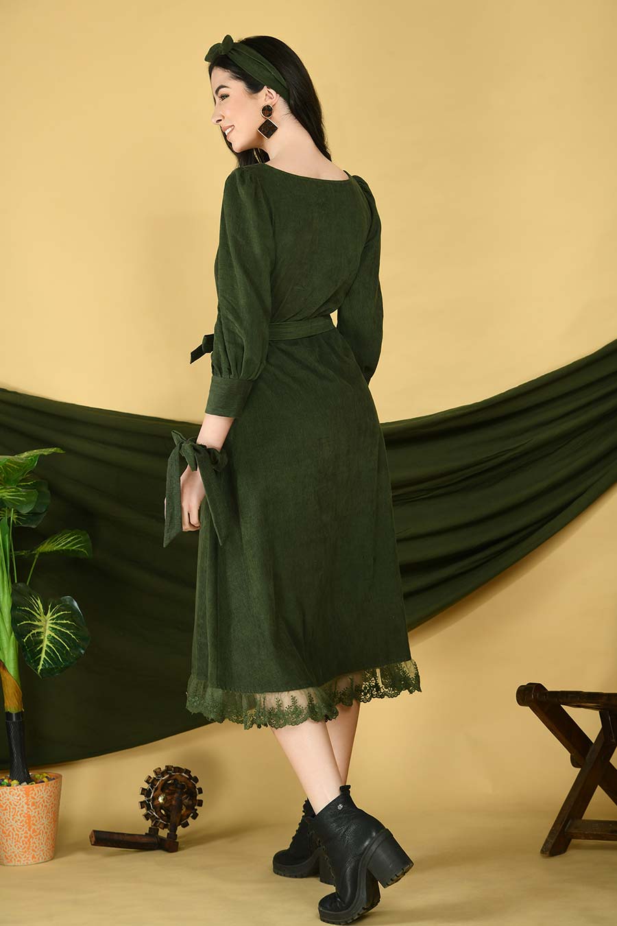 Olive Corduroy Midi Dress