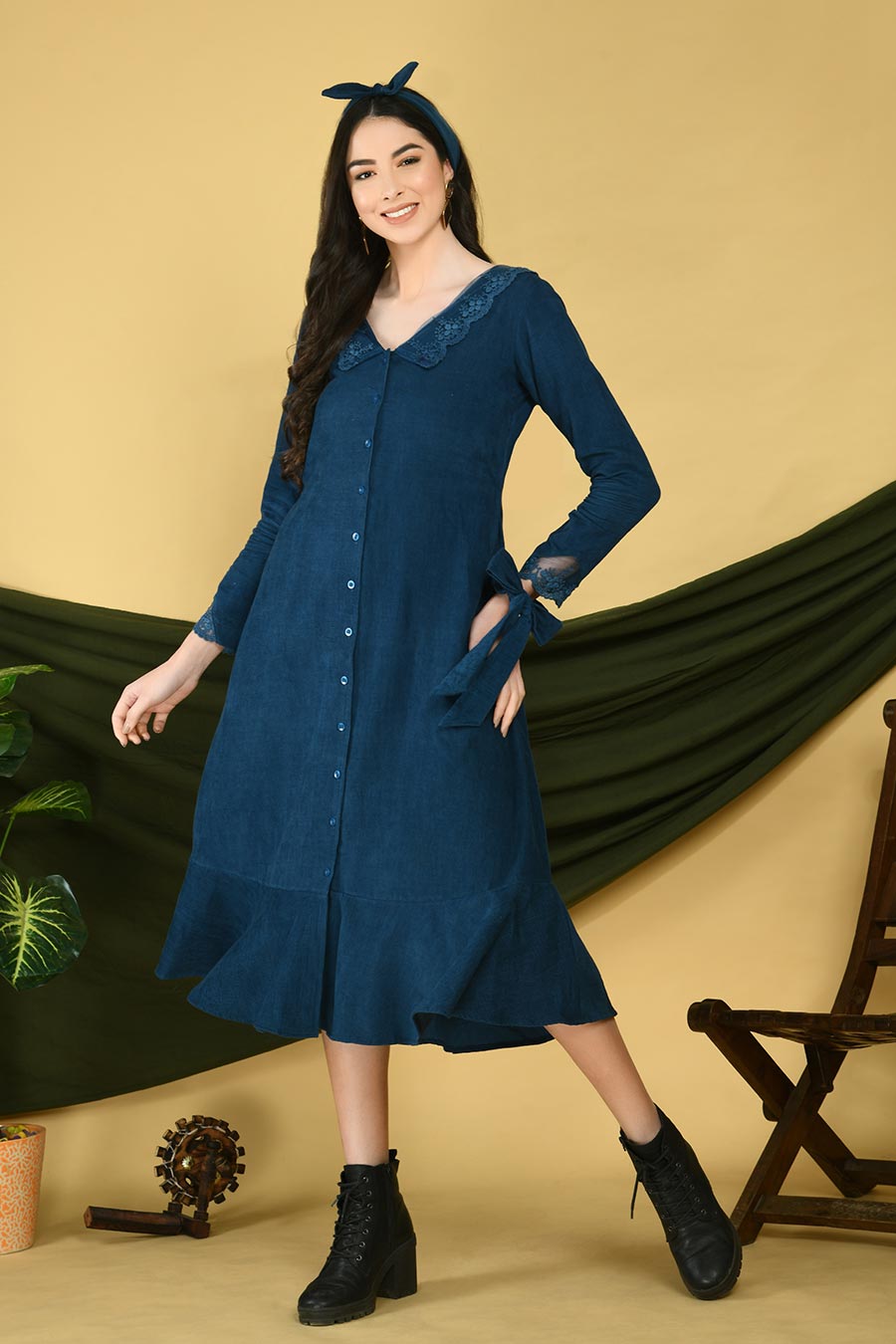 Blue Corduroy A-line Dress