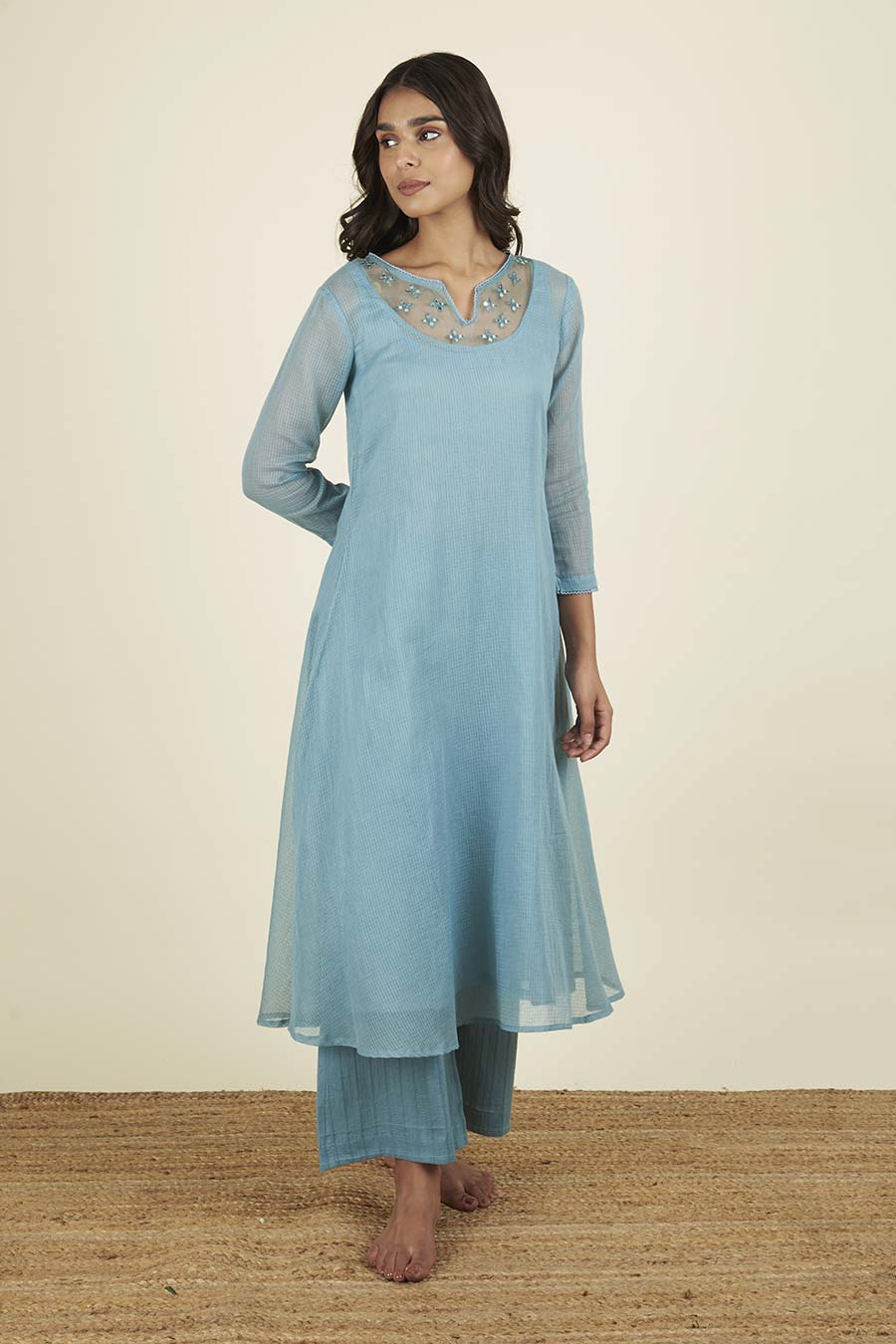 Rooh Lake Blue Kota Doria Kurta & Pant Set