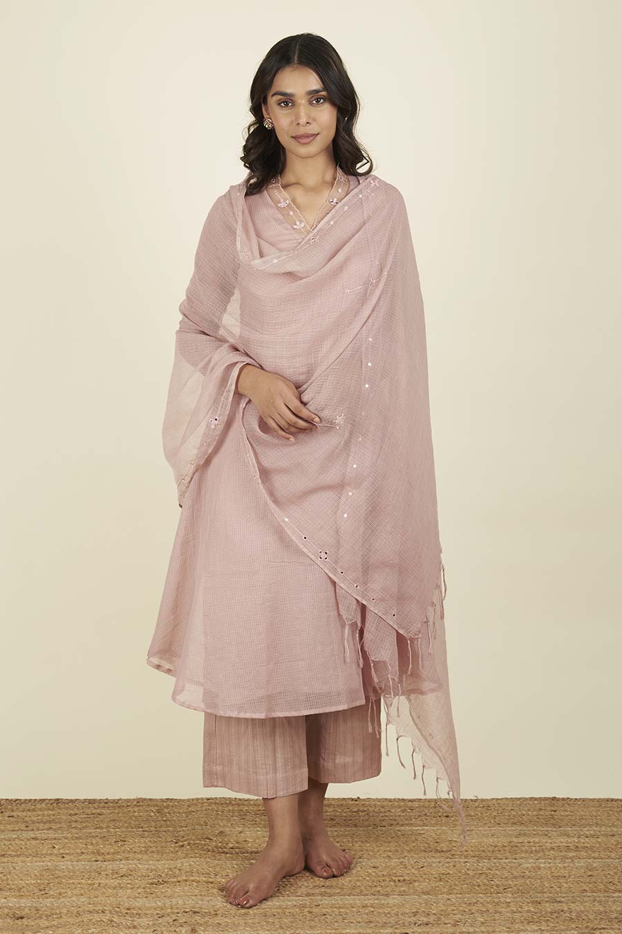 Aaina Dusty Pink Kota Doria Kurta Set