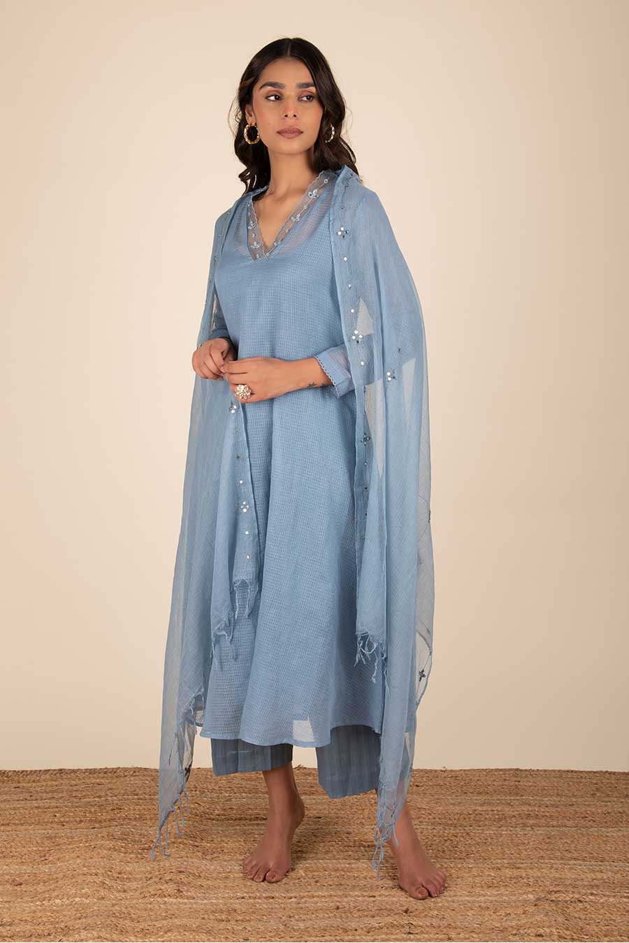 Aaina Ocean Blue Kota Doria Kurta Set