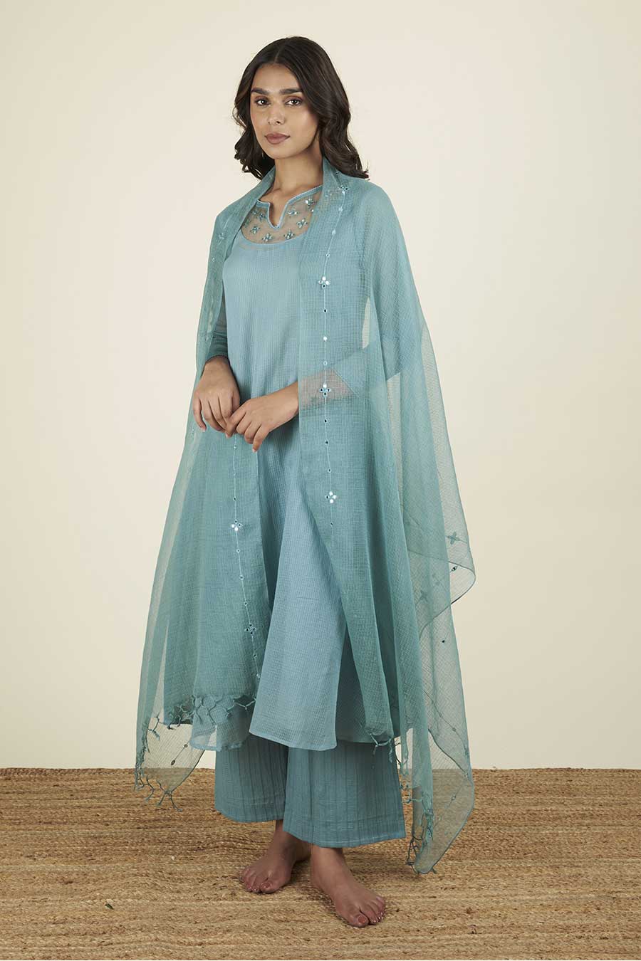 Rooh Lake Blue Kota Doria Kurta Set