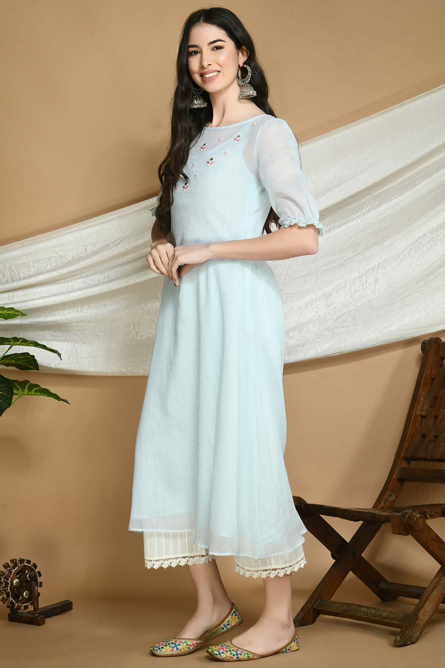 Buy Blue Chikankari Cotton Kurta with Mukaish Online at Jayporecom