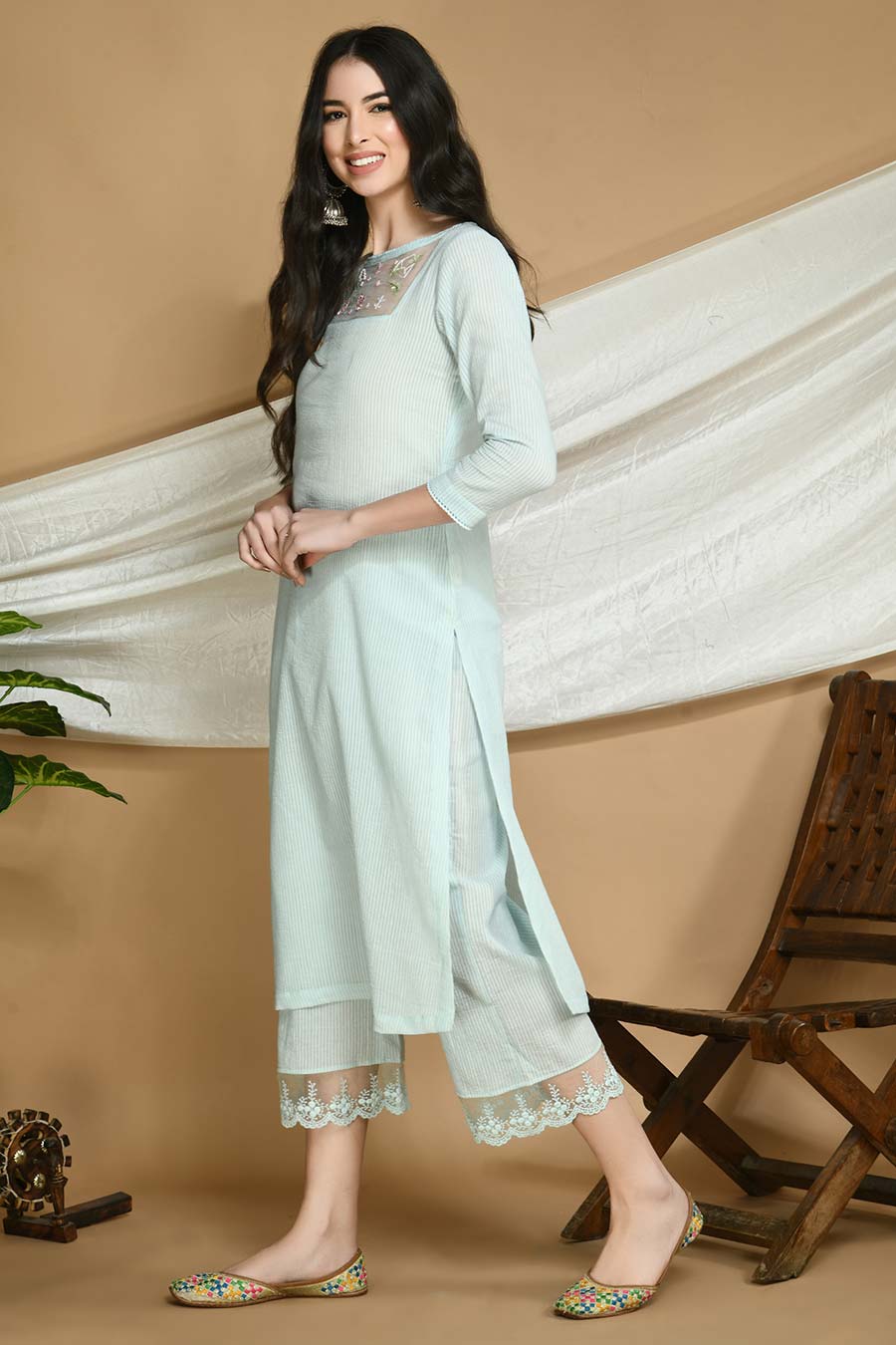 Powder Blue Striped Kurta & Pants Set