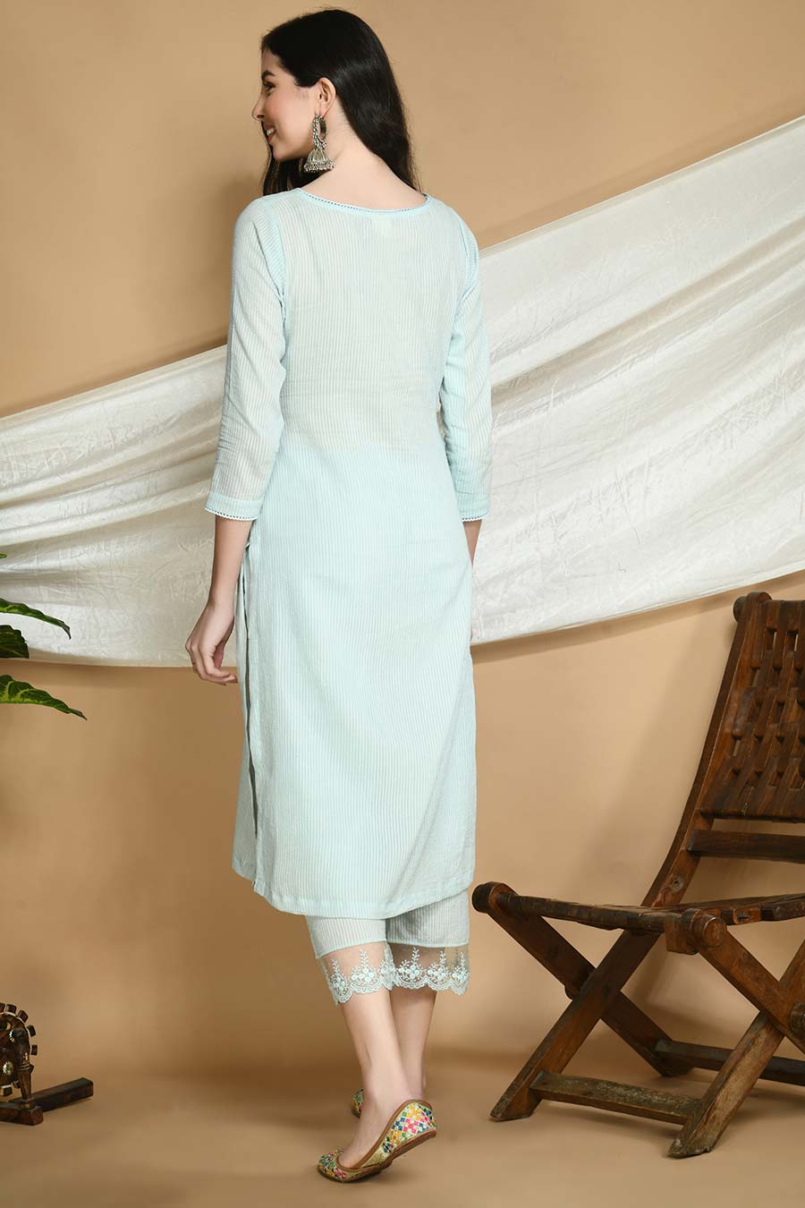 Powder Blue Striped Kurta & Pants Set