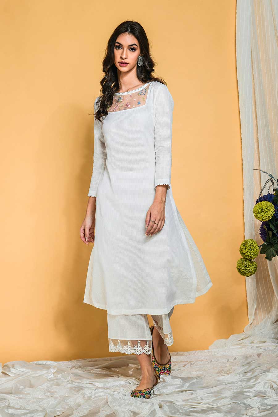 White Striped Kurta Set with Organza Stole