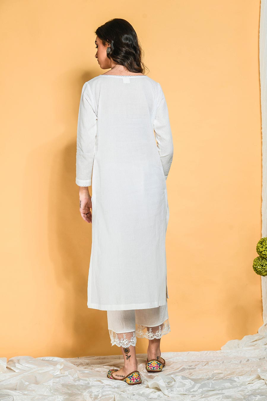 White Striped Kurta Set with Organza Stole