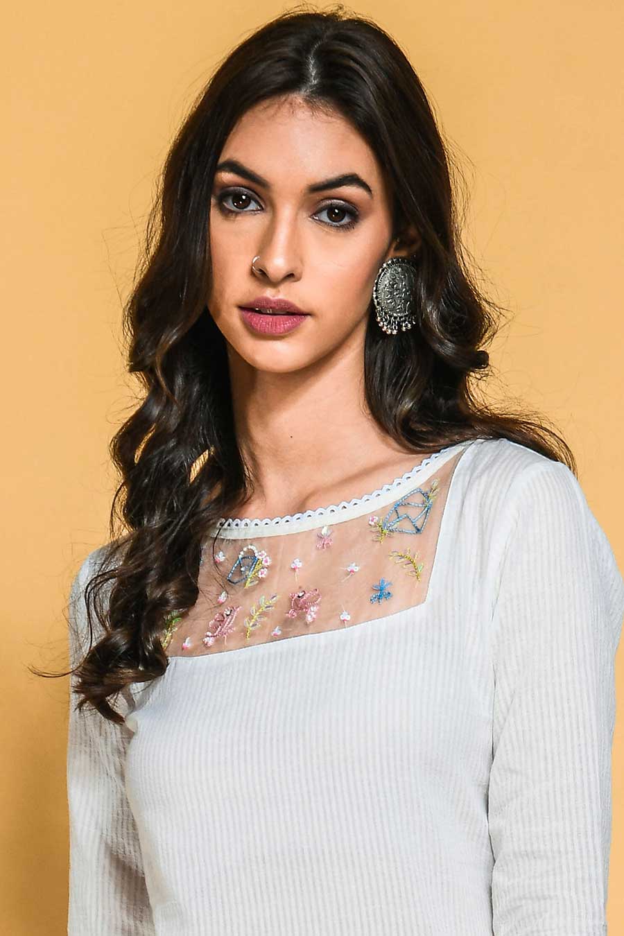 White Striped Kurta Set with Organza Stole