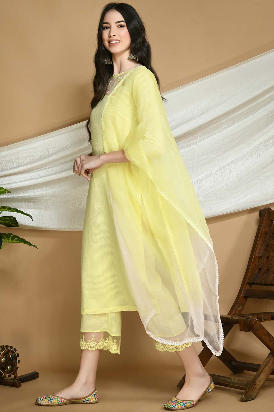 Yellow Striped Kurta Set with Organza Stole