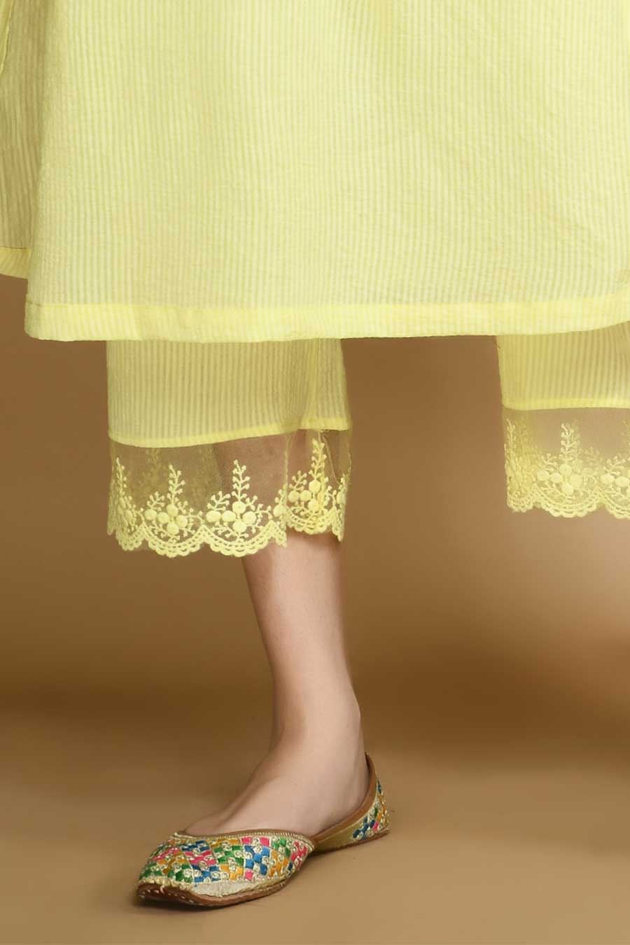 Yellow Striped Kurta Set with Organza Stole