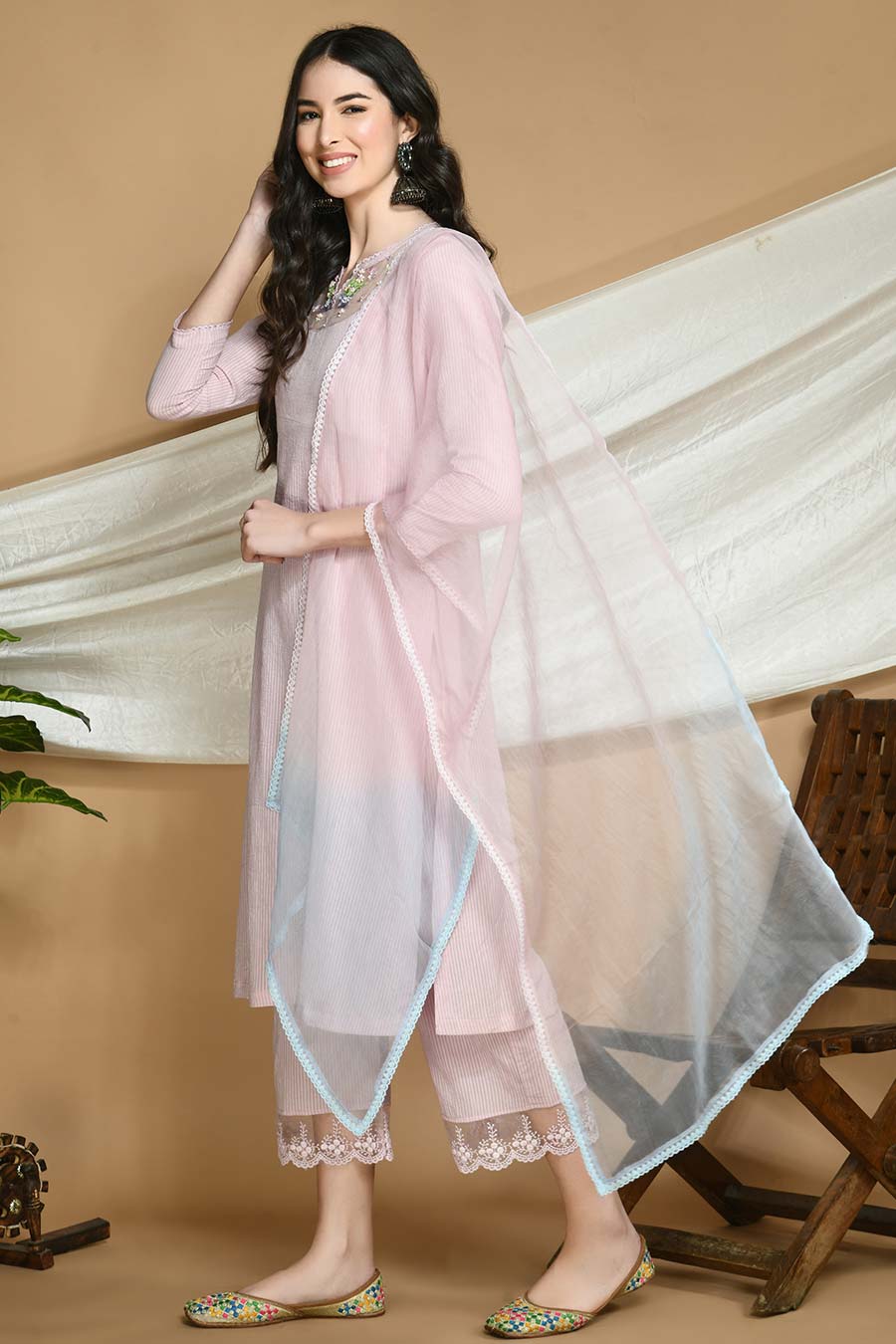 Old Rose Striped Kurta Set with Organza Stole