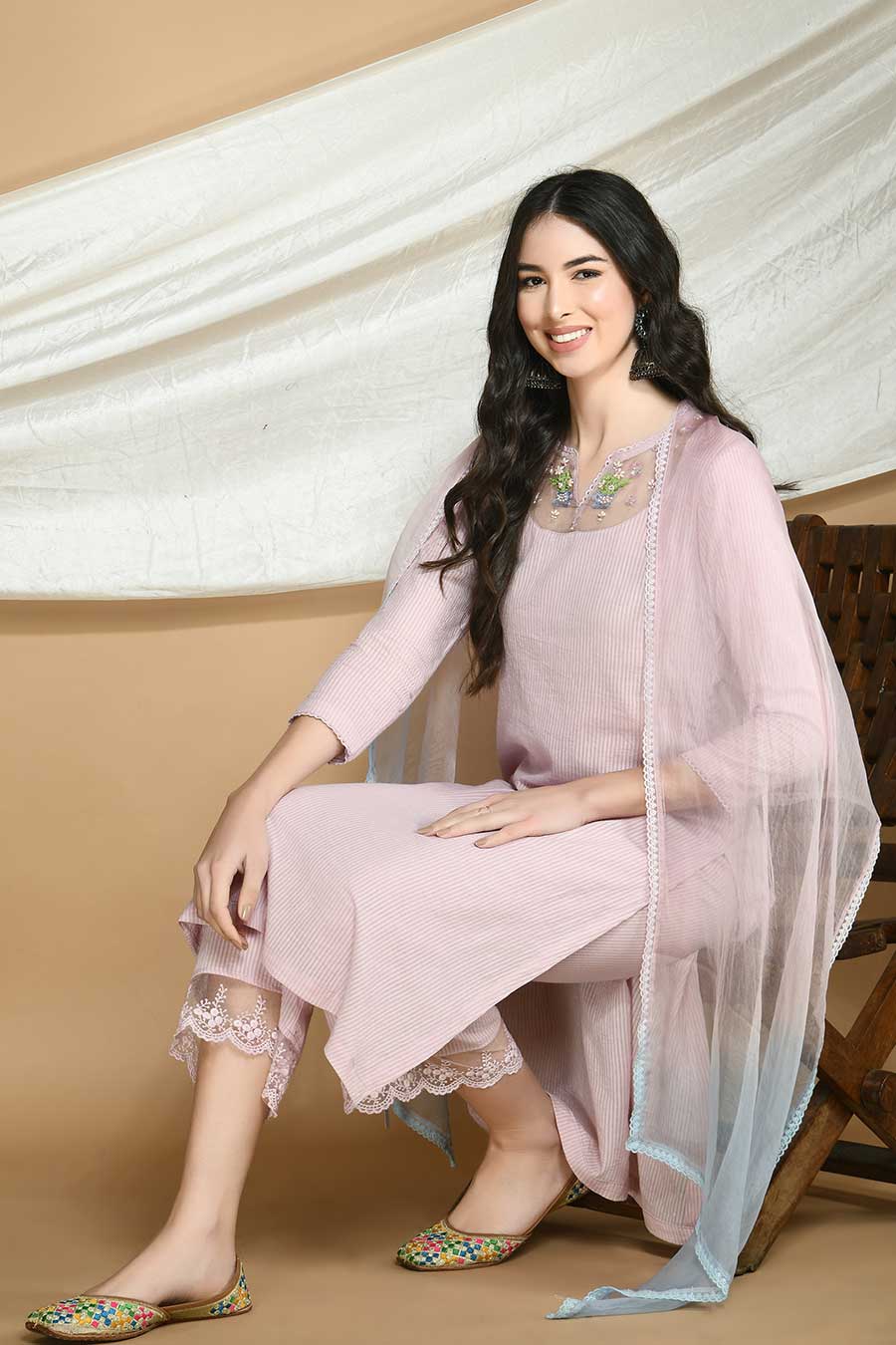 Old Rose Striped Kurta Set with Organza Stole