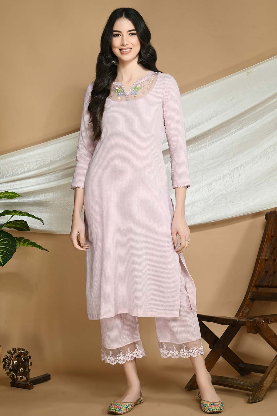 Old Rose Striped Kurta Set with Organza Stole