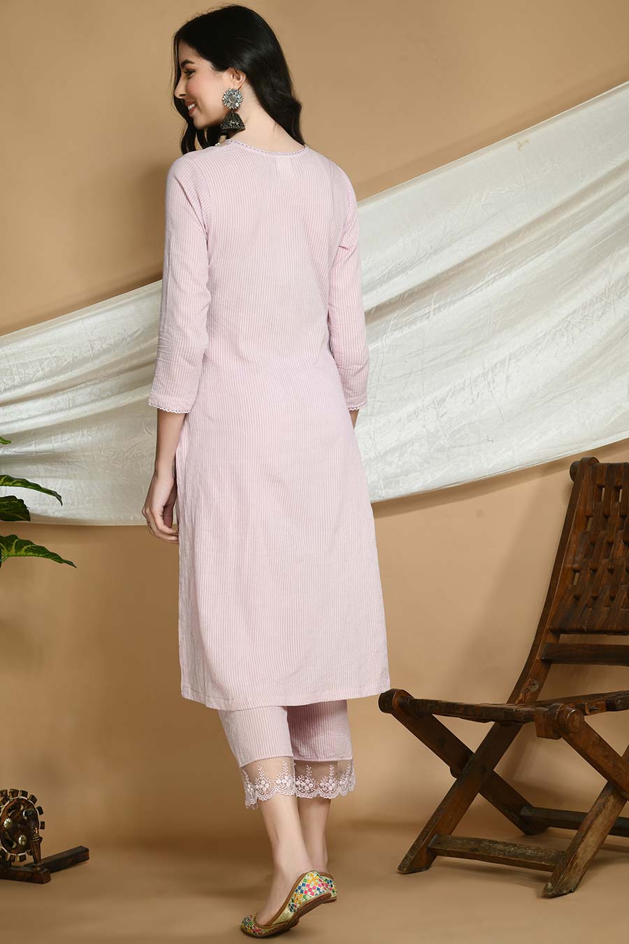 Old Rose Striped Kurta Set with Organza Stole